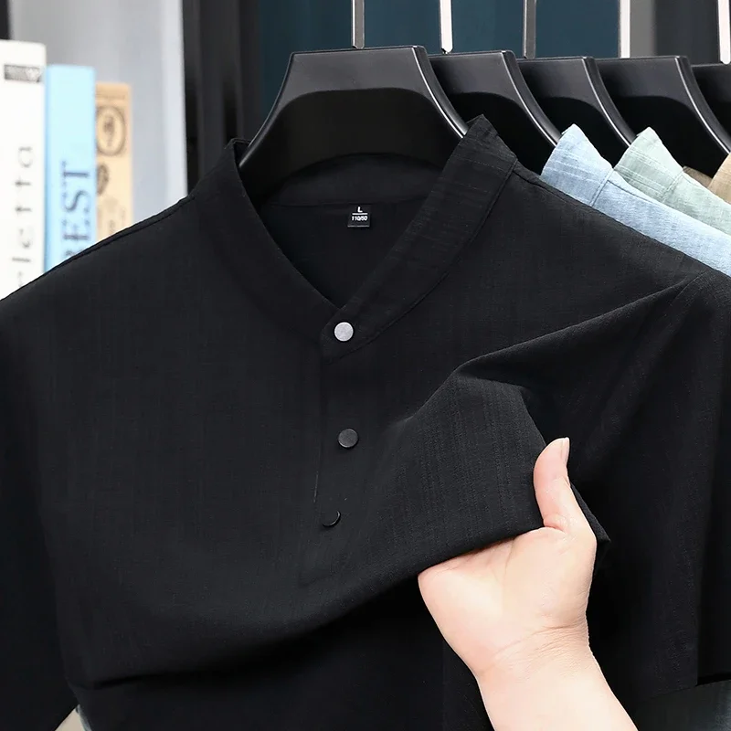 Summer Stand Collar Half Button Mens Shirt Lightweight Textile Blouse Daily Streetwear Home Leisure And Short Travel Outfit view 6