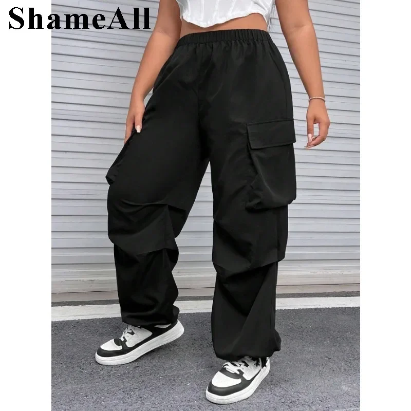 Women Plus Size Flap Pocket Side Cargo Pants 3XL Loose Straight Leg Parachute Long Pant Goth Feminino Pantalones Holgados Mujer