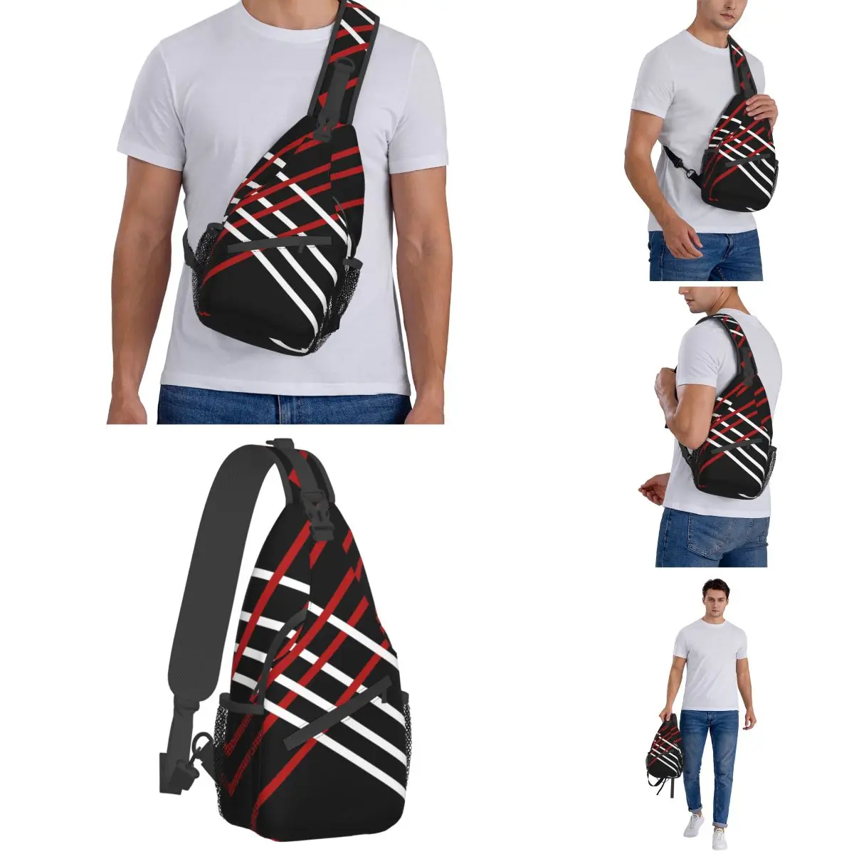 Diagonal Stripes Crossbody Sling Bag Small Chest Bag Abstract Geometric Shoulder Backpack Daypack for Hiking Outdoor Camping