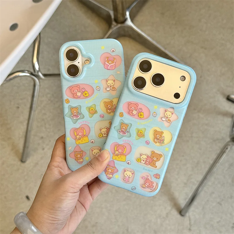 

Cute Cartoon Bear Blue Phone Case For iPhone 15 16 17 Promax Shockproof Camera Lens Protection Back Cover New Girls Gifts