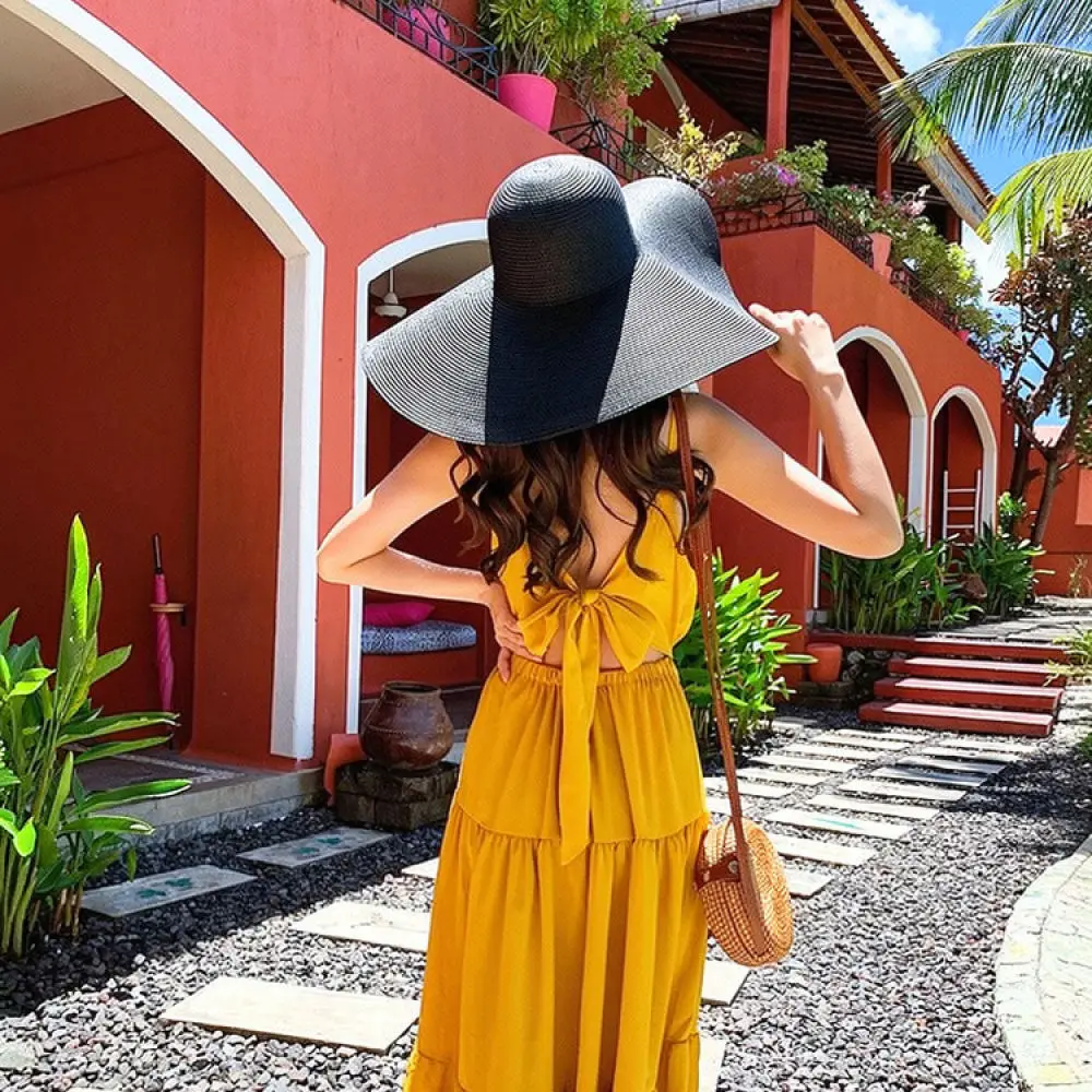 Summer Womens Straw Hat Extra Large Brim Sun Protection Beach Cap Foldable Outdoor Travel Vacation Sunshade Bonnet Headwear