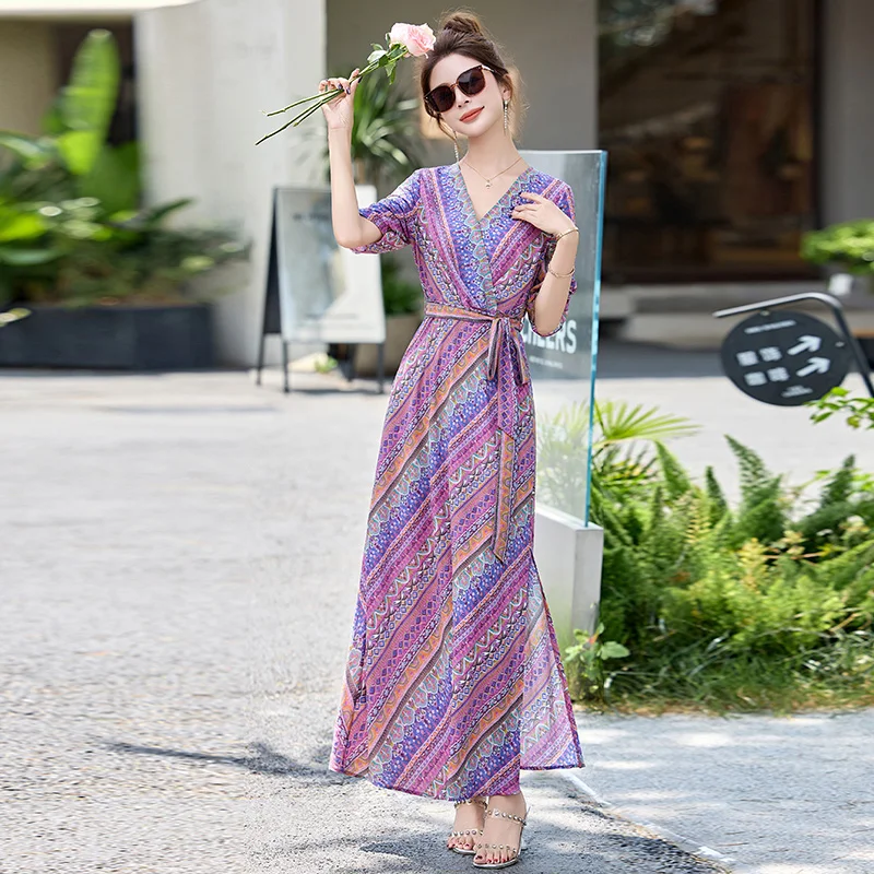 

Летнее пляжное платье 2026 с принтом, женское макси-платье, элегантное, с V-образным вырезом, коротким рукавом, разрезом по низу, приталенное, с поясом, А-силуэт