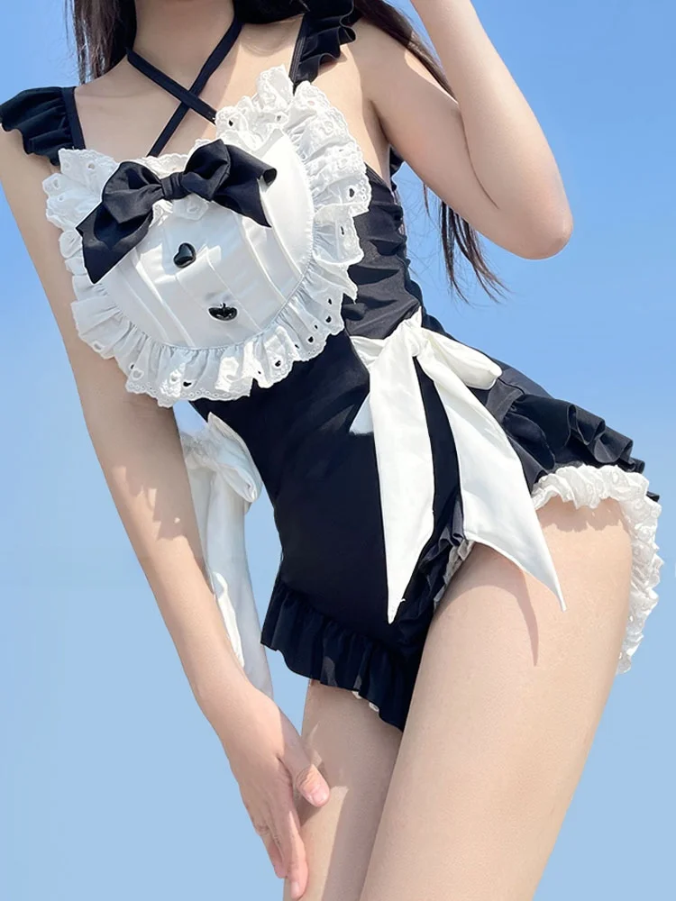 

Mimoi Closet Lolita One-Piece Swimsuit for Girls Cute Maid Pure Desire Style Hot Spring Bathing Suit Quick Dry Fixed Chest Pad