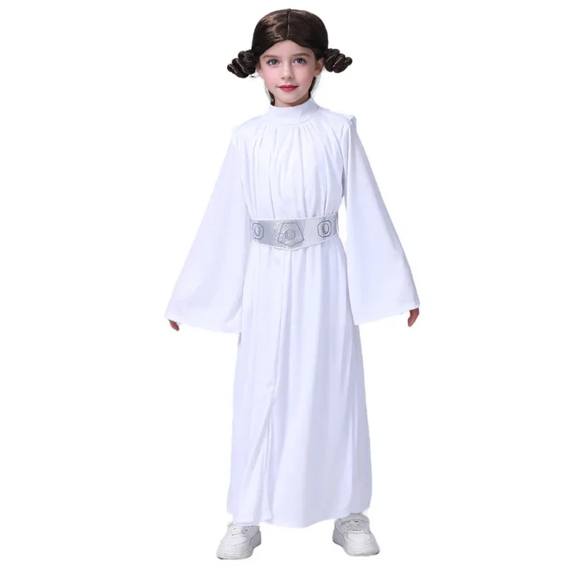 

Child Princess Leia Cosplay Fancy-dress Girls White Hooded Robe Kids Outfit With Wig Halloween Carnival Party Costume