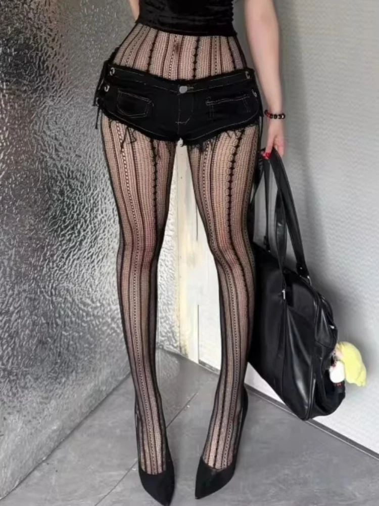Punk Gothic Black Fishnets Tights Women Sexy Striped See Through Fishnet Stockings Spicy Girls Uniform Hollow-out Mesh Pantyhose image 3