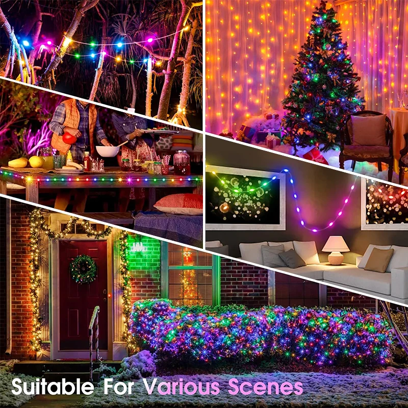 Guirnalda de luces de Navidad inteligente RGBIC, lámpara de cadena de árbol de Navidad de línea negra/plateada, USB, Bluetooth, Control por