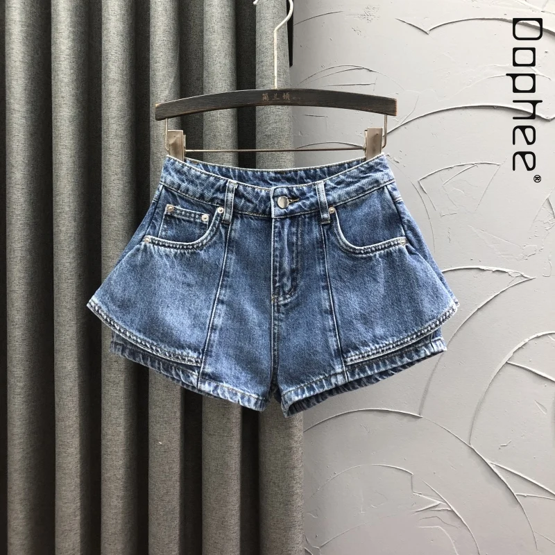 

High-waisted Denim Shorts Women Summer Fashion Trend Spice Girl Shorts Solid Color Versatile Trend Ruffle Edge Wide-leg Pants