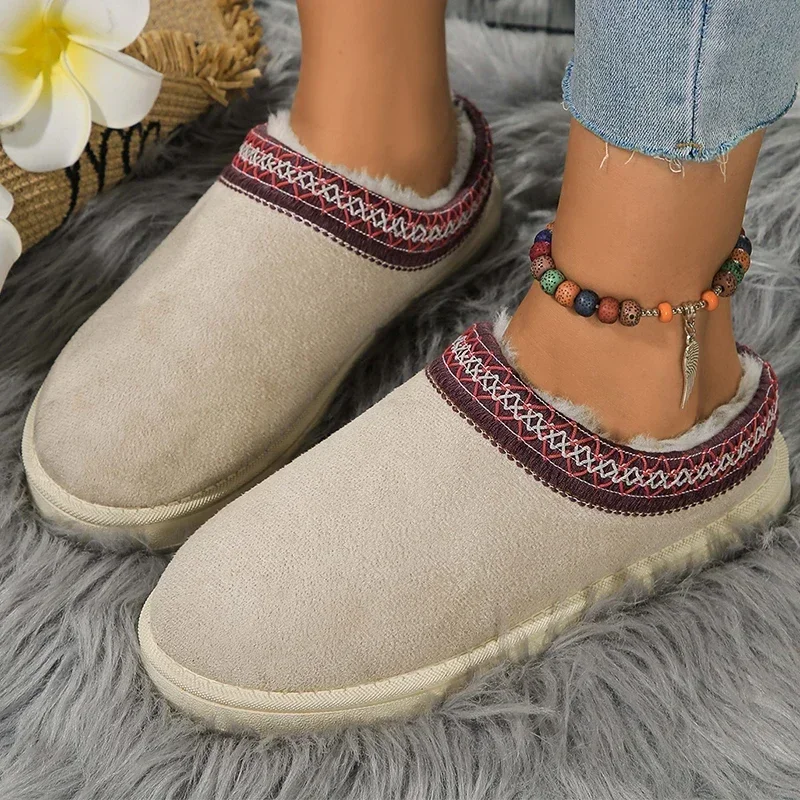 

Women Snow Boots for Warm Suede Leather Boots Autumn Winter Slip on Platform Boats Close Toe Hair Half Slipper Cotton Shoes