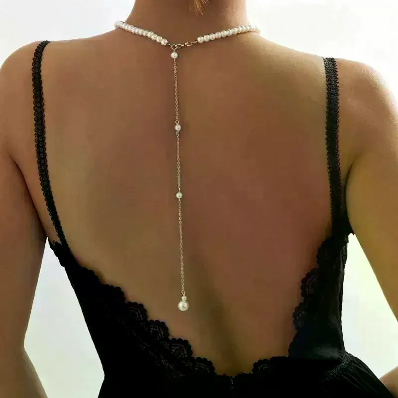 Boho Style Faux Pearl Choker for Women Long Tassel Pendant Lightweight Chain for Wedding Bikini Vacation Daily Wear