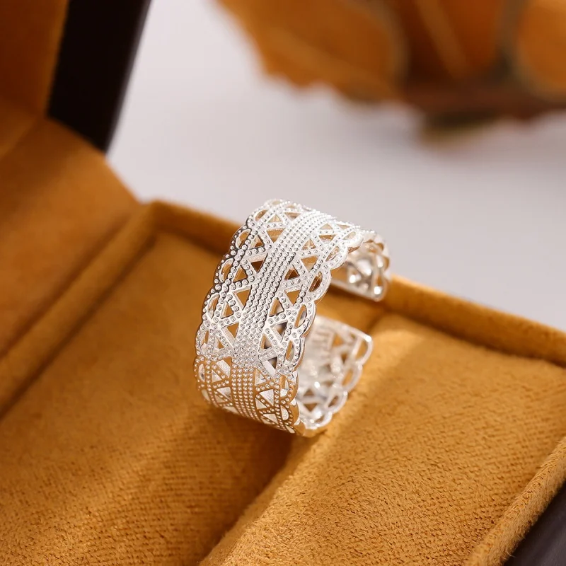 

New 925 sterling silver fashionable and simple white lace hollow out personalized flower opening ring for women wholesale JZ065