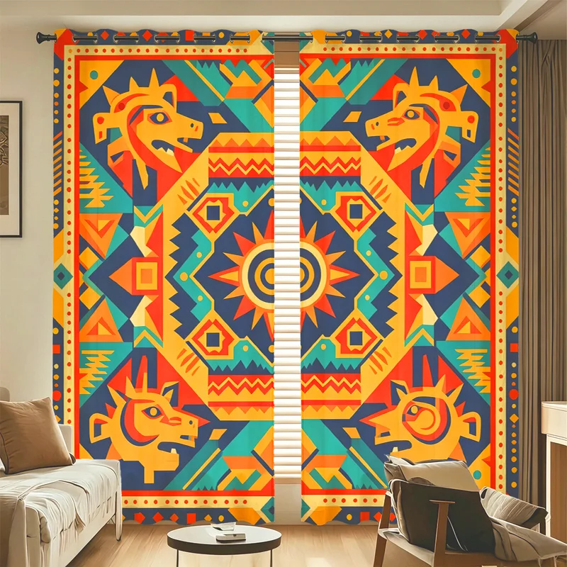 2Pcs Microfiber Curtain Set,Machine Washable,Easy Hanging & Installation,85% Light Blocking,Boho Geometric Sunburst Pattern