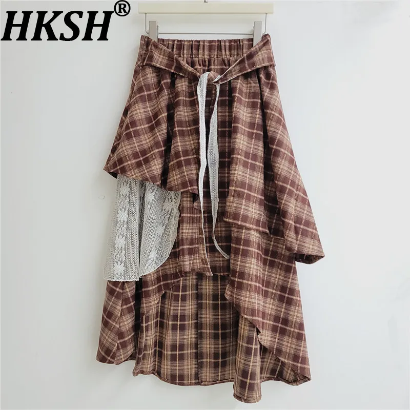 HKSH Women Skirt Retro Irregular Plaid Patchwork Lace Design Bandage Casual Loose Large Hem A-Line Skirts Spring Summer HK26942
