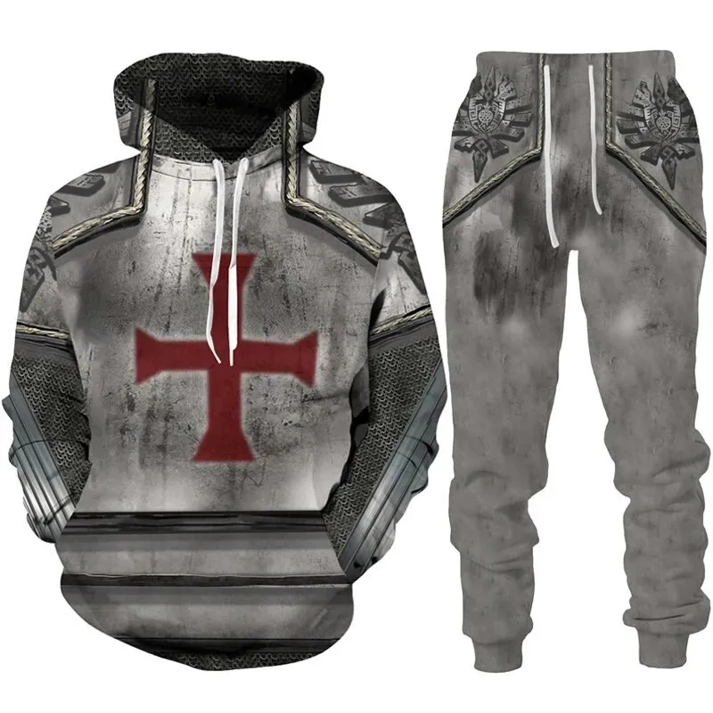 Autumn New Men's Retro Knight Templar Armor Sweatshirt 3D Printed Men Hoodies Leisure Sportswear Sports Pants Two-piece Set Suit