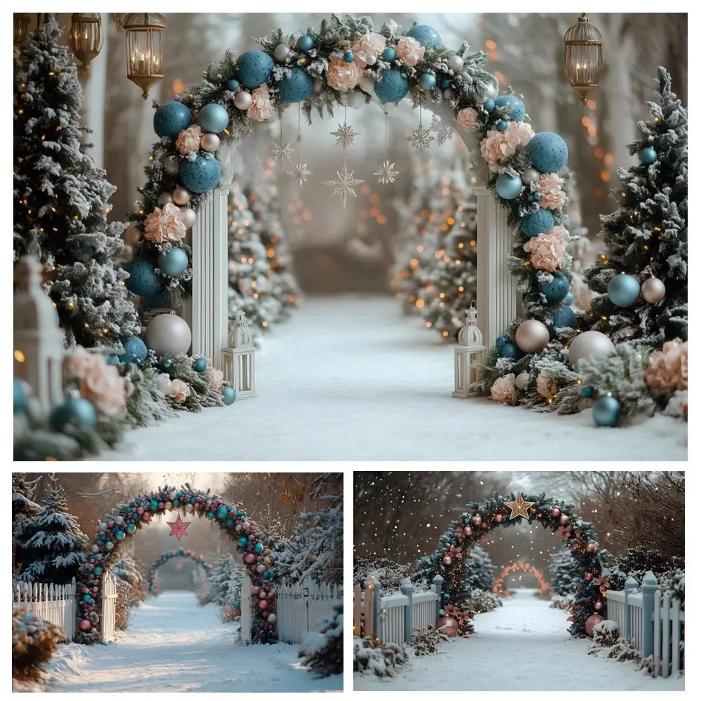 

Snow Winter Arch Wreath Backdrop Outdoor Scenery Pine Forest Christmas Outside Kids Portrait Photography Background Decor Banner