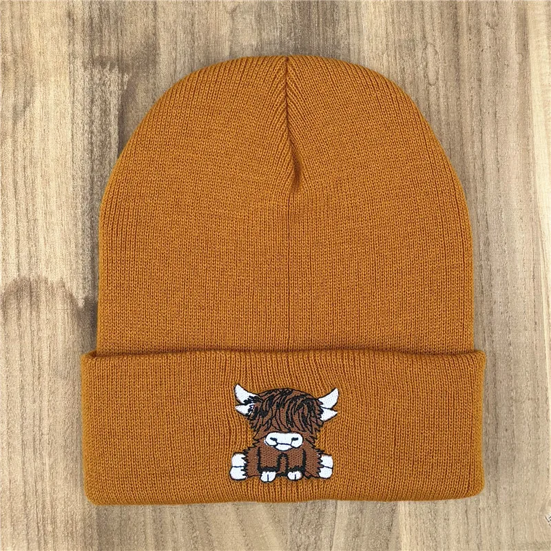 Unisex-Mütze mit Highland-Kuh-Stickerei, weiche warme Strickmütze für den Herbst und Winter – Detail 9
