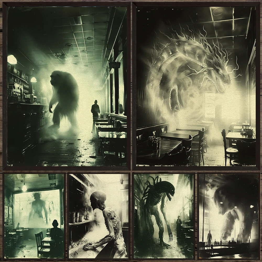 Monsters And Undead Lurking In The City Ruins Vintage Wall Art Canvas Print,Bizarre And Terrifying Old Photos Art Poster Print