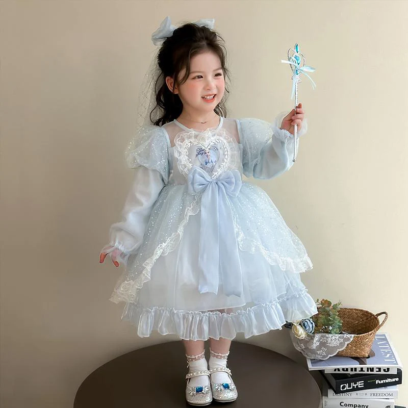 

Платье принцессы Эльзы для девочек, синее детское платье с длинными рукавами и рисунком на день рождения, корейские детские кружевные платья с круглым вырезом и бантом