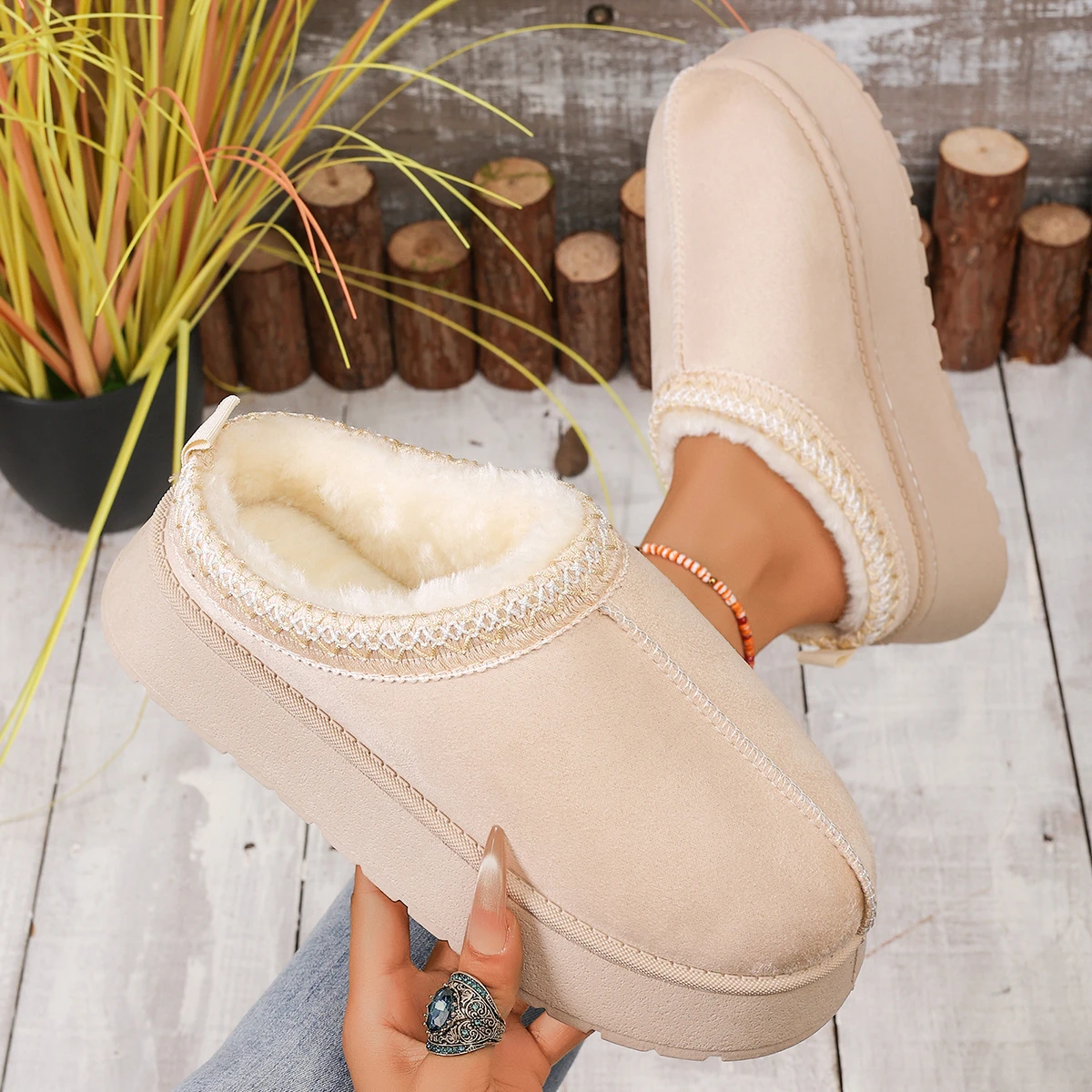2026 New Snow Boots for Women Winter Cashmere Warm Thick Soles Without Heel-covered Hair Half Slipper Cotton Shoes for Women
