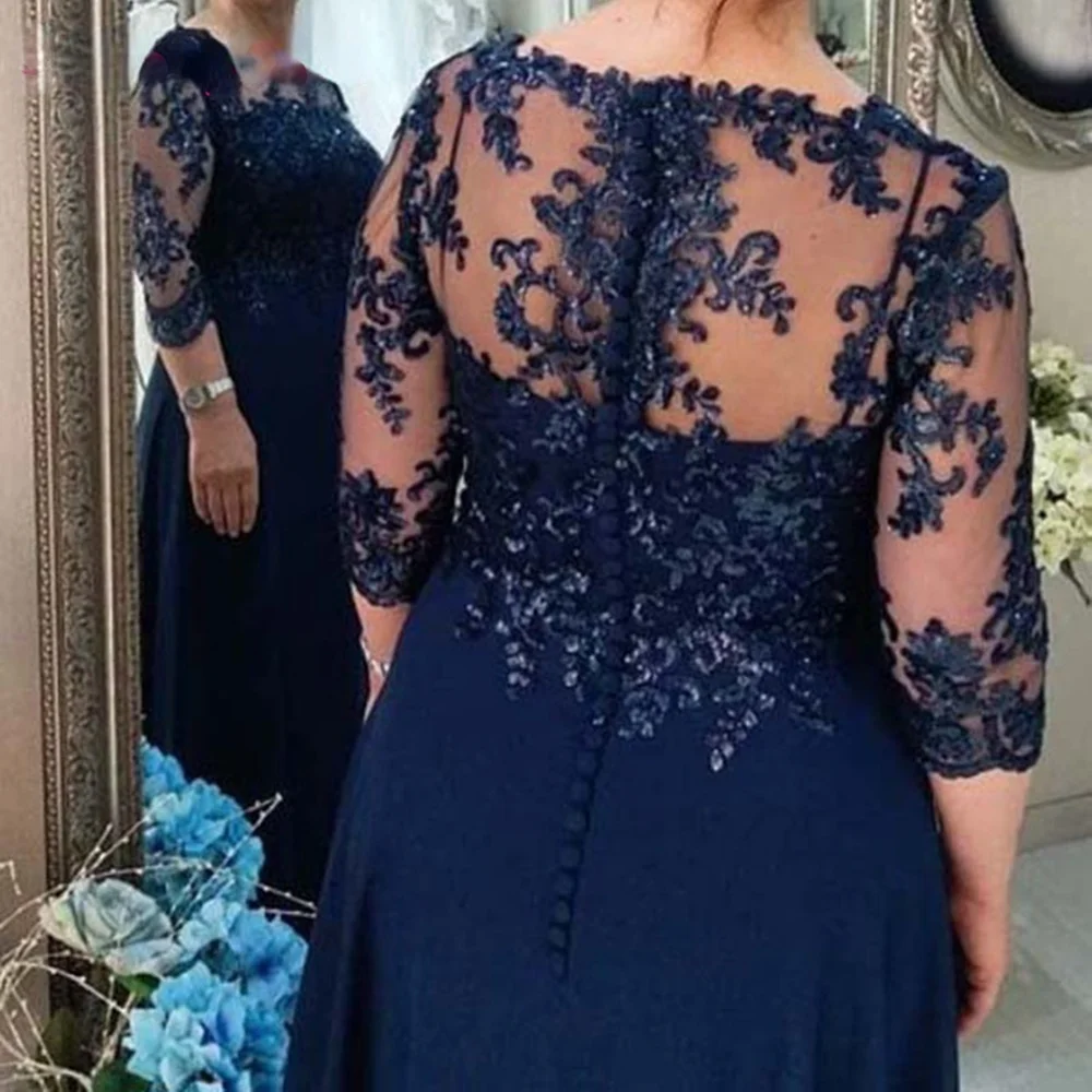 Navy Blue Elegant Mother of the Bride Dress Chiffon Plus Size 3/4 Sleeves Appliques Long Groom Mother Dresses for Wedding Party