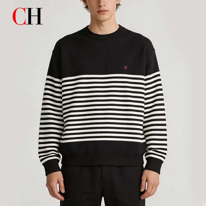 CH Men's Striped Knit Sweater Crew Neck Long Sleeve Casual Loose Pullover Winter Jumper