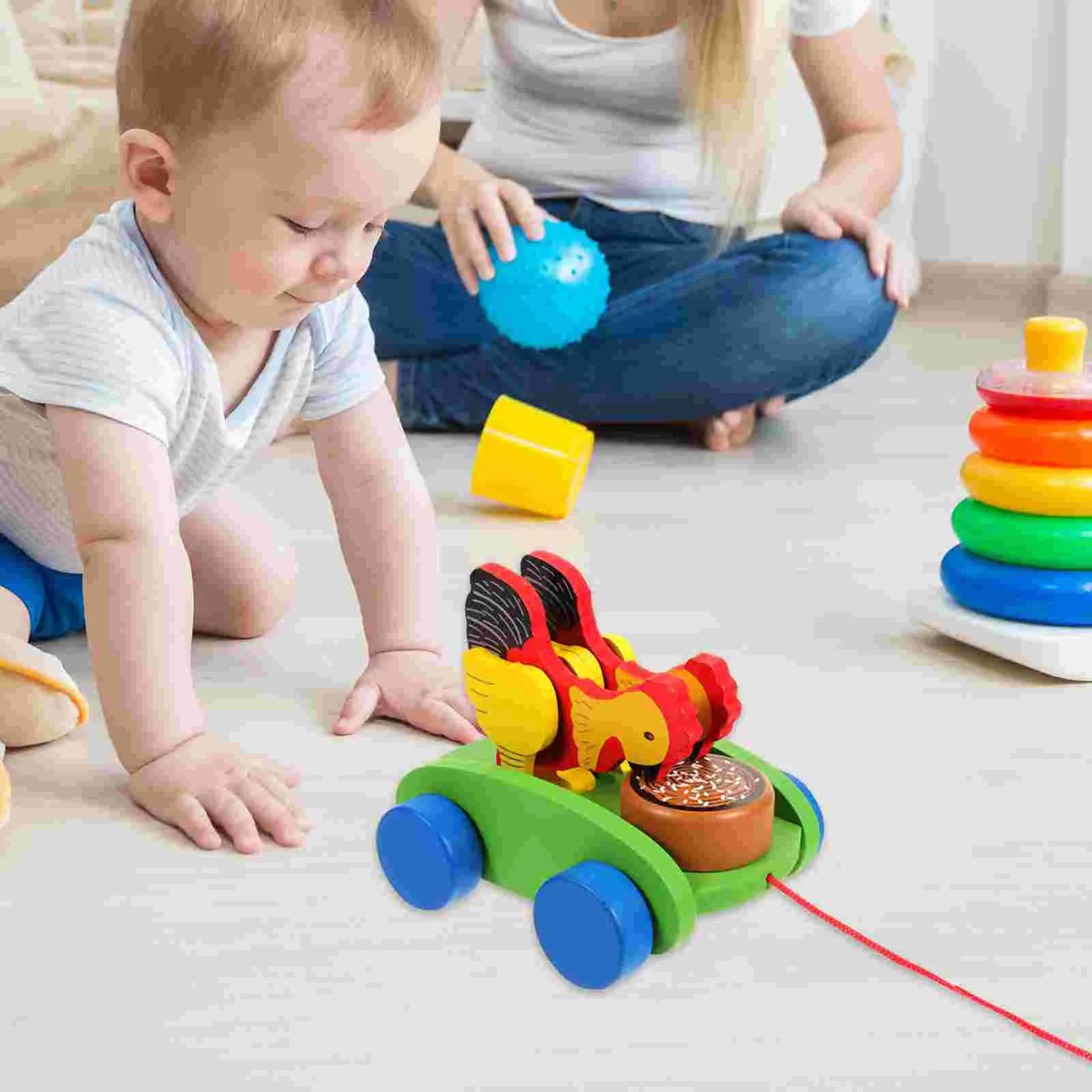 Carro de brinquedo para crianças, carrinho educacional de desenho animado para crianças, veículo de madeira para puxar corda cedo