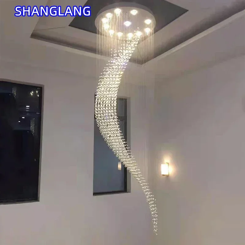 

Modern Staircase Crystal Chandelier Luxury Spiral Design Hall Light Fixture Living Dining Room Suspension Wire Cristal Lamp Loft