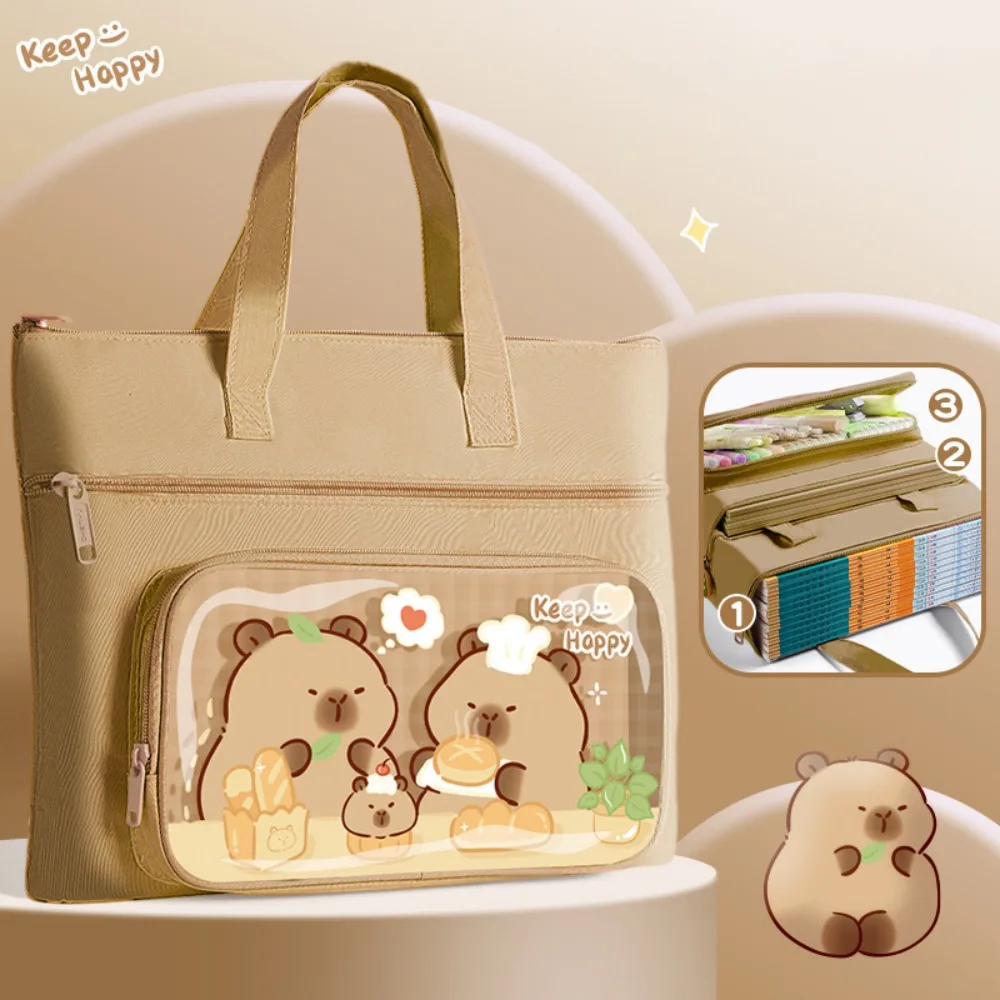 3 ชั้น Capybara Tote กระเป๋านักเรียนขนาดใหญ่ความจุมัลติฟังก์ชั่น Capybara Tutorial กระเป๋าแบบพกพามือถือการ์ตูน A4 แฟ้มกระเป๋า