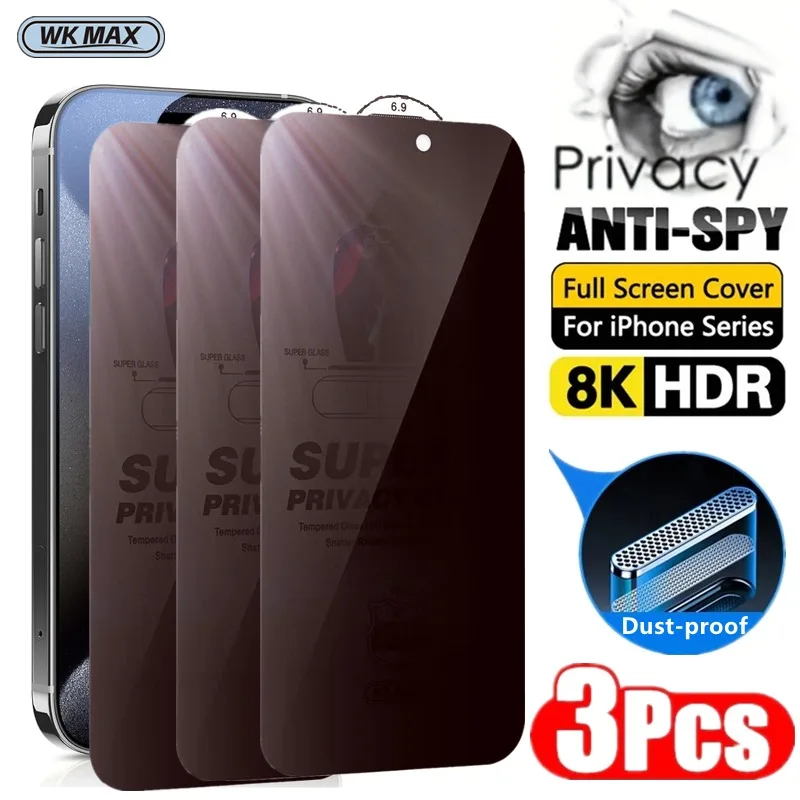 

3Pcs VKMAX Privacy Tempered Glass For iPhone 16 15 14 13 12 11 Pro Max Anti-Spy Screen Protectors Dust-proof Arc Edge Glass
