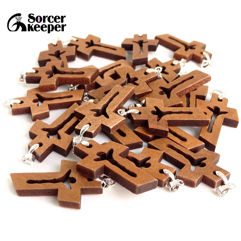 100 PCS New Natural Wooden Crosses Carved Jesus Crucifix Cross & Clip Bail Charm Pendants Statue Sculpture Jewelry for Necklace