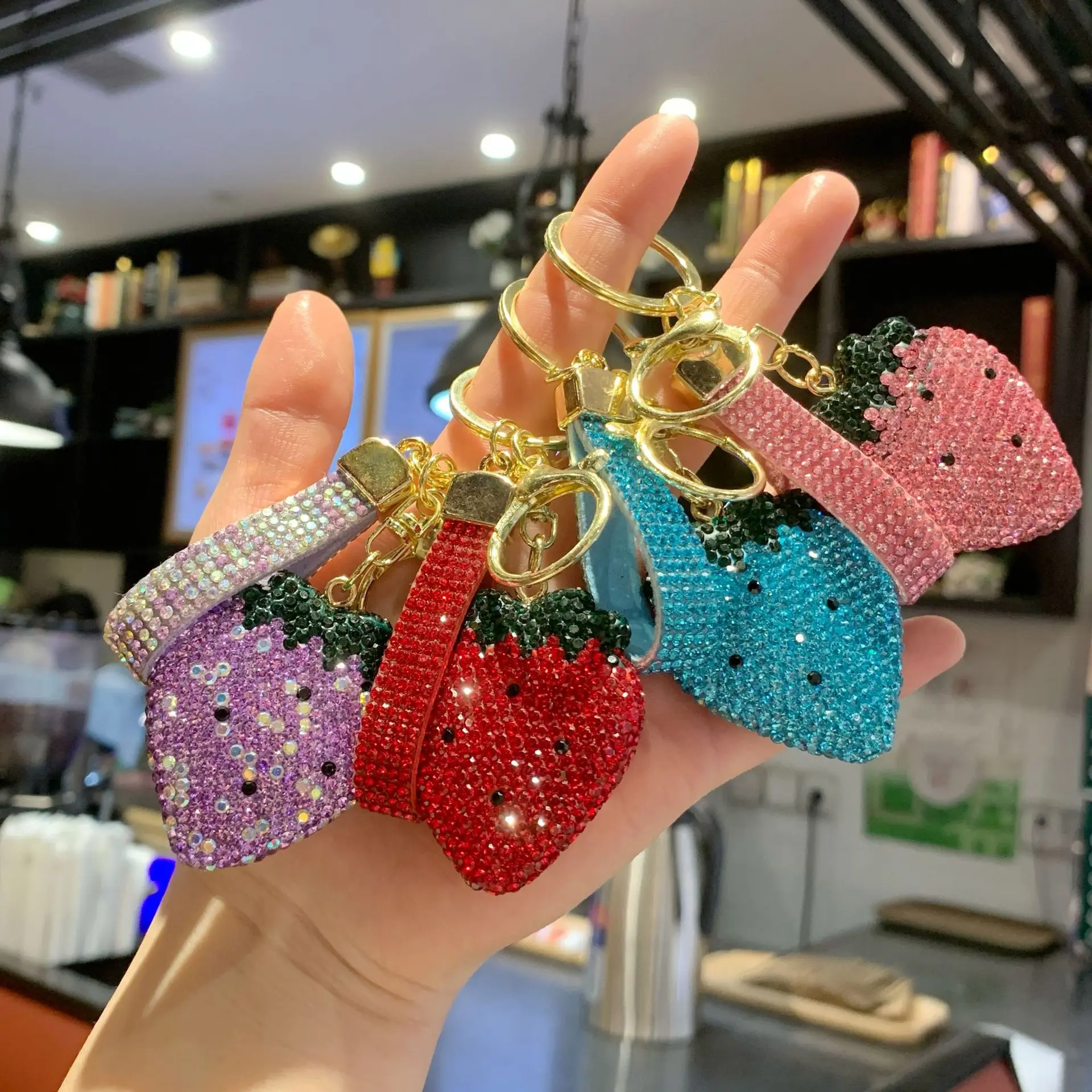 Creative Clay Strawberry Keychain - Double-Sided Full Rhinestone Charm, Simple & Sweet Bag Accessory for Girls