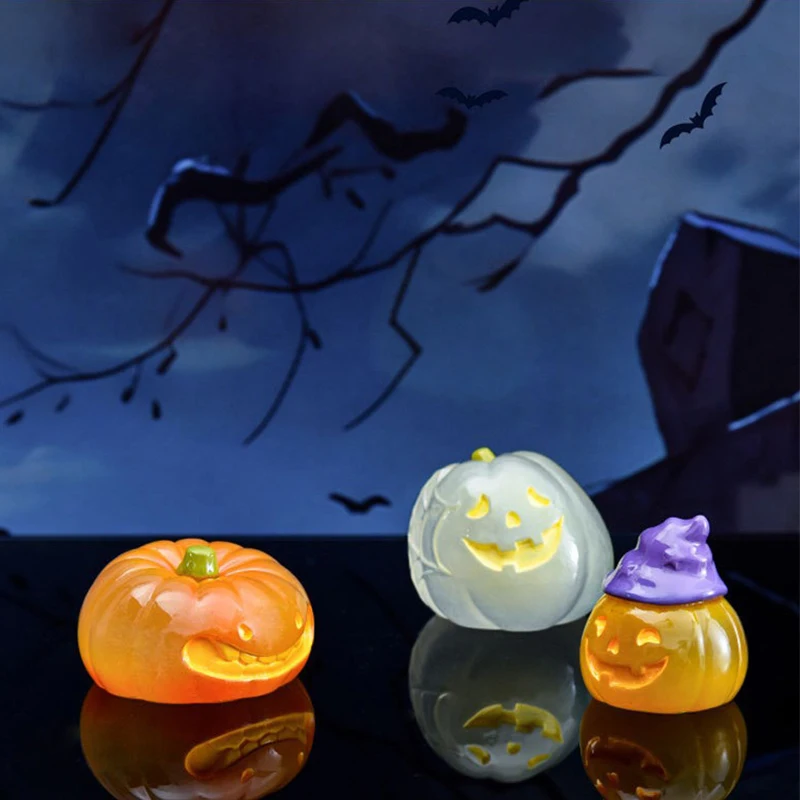 Mini Luminous Halloween Ornament Cartoon Pumpkin Skull Ghost Figurine Micro Landscape Car Interior Home Desktop Decoration