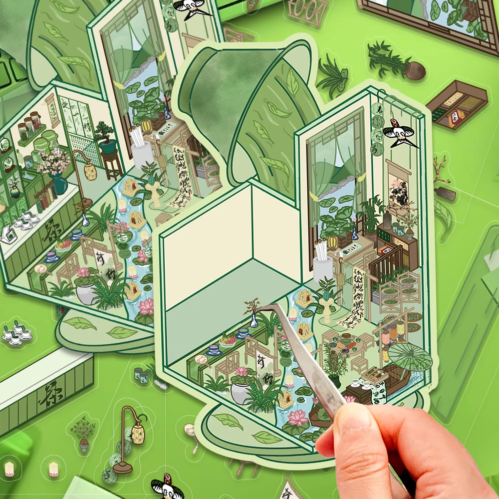 Paquete de 3 uds de pegatinas de PET de paisaje de sala de té con dije transparente de loto de bambú, pegatina de escena de paisaje 3D del mundo en miniatura de gran tamaño