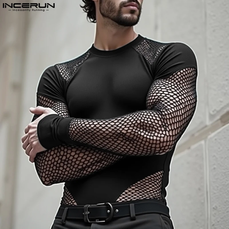 Incerun estilo americano sexy macacão sexy novos homens o-pescoço macacões lazer fino retalhos malha transparente manga comprida bodysuits