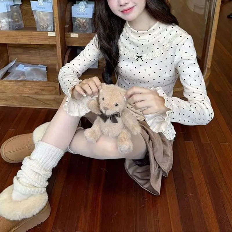 

Sweet Lace Spliced Fashion Ruffles T-shirts Women's Clothing Heart-shaped Polka Dot Autumn Winter New Half High Collar Pullovers