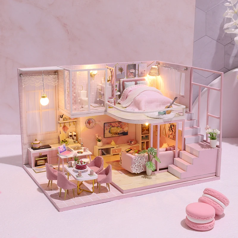 Mini casa de muñecas de madera, Kit de casa DIY hecho a mano, producción de apartamentos dúplex, rompecabezas 3D, ensamblaje, modelo de construcción, juguete, regalos para niños