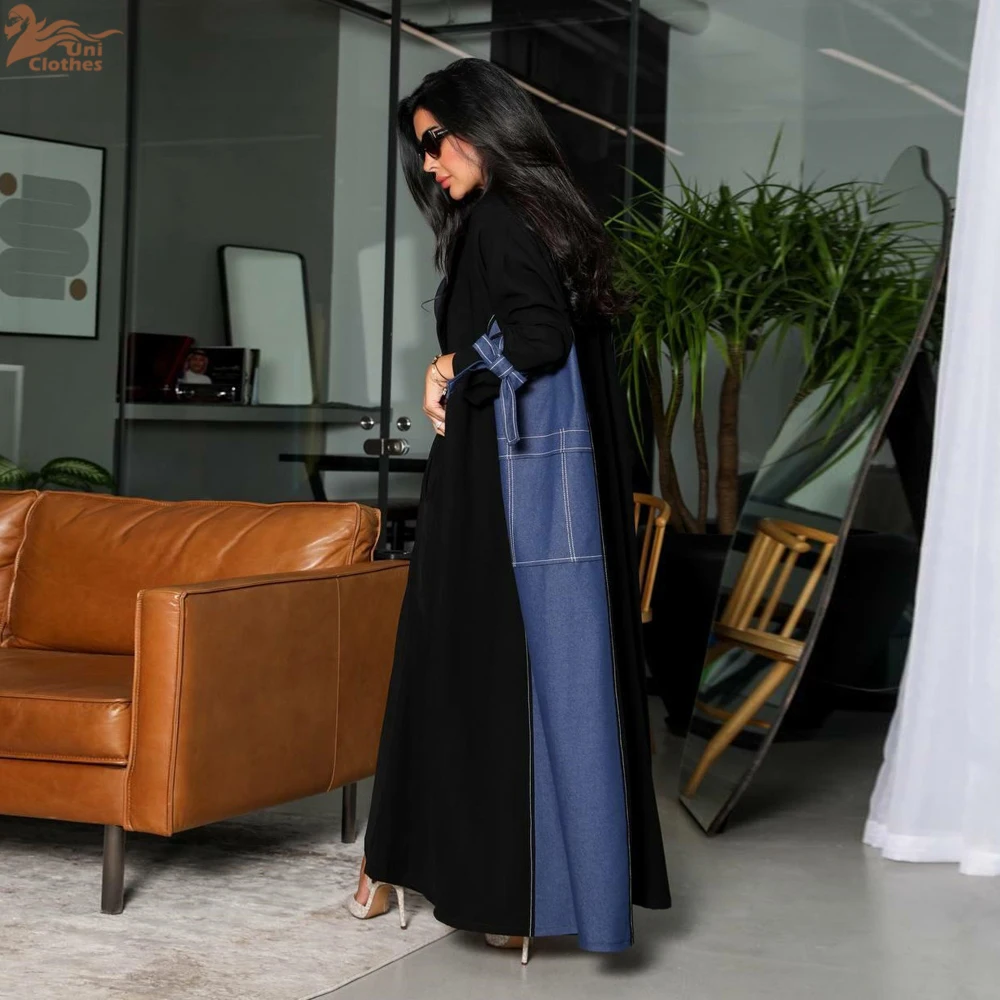 Uni Ramadan Denim Patchwork Abaya Fashion Bow Manica in bundle Caftano Abbigliamento casual elegante