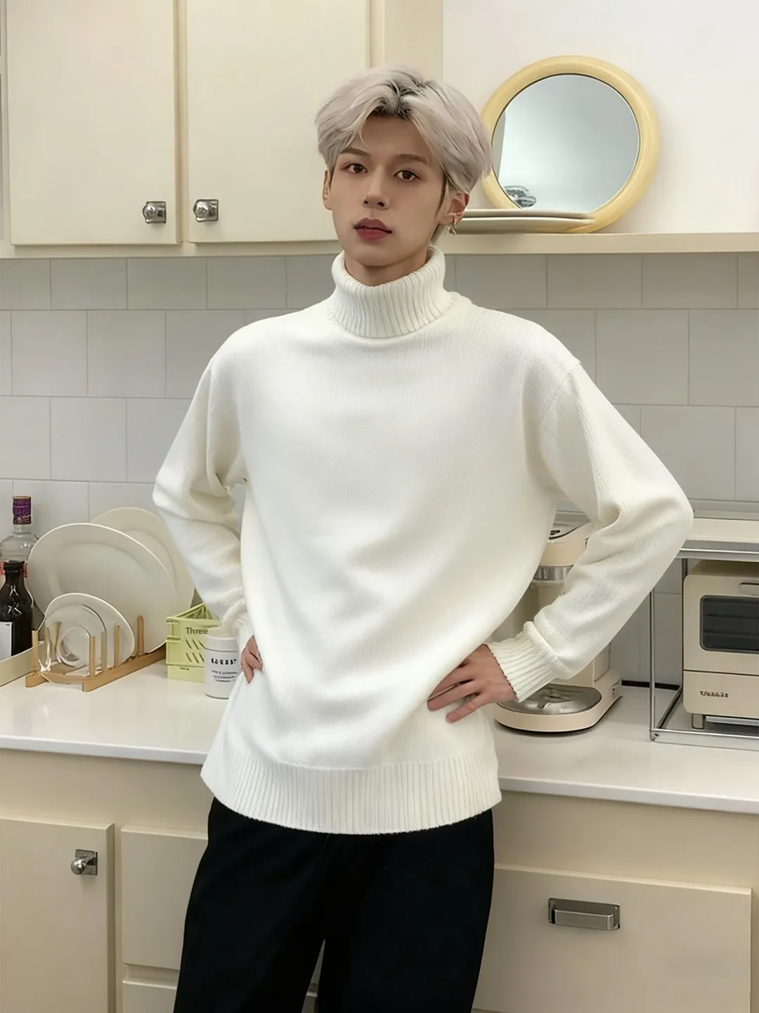 

Thickened Fleece High Collar Knitted Sweater Cleanfit Base Layer Shirt Boys Winter Fashion Color Long Sleeve Crew Neck