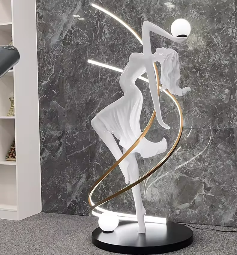 Modern Abstract Dancing Girl Sculpture LED Floor Lamp E27 Base Rings Spherical Bulbs Luxury Home Standing Light For Clubs Bars