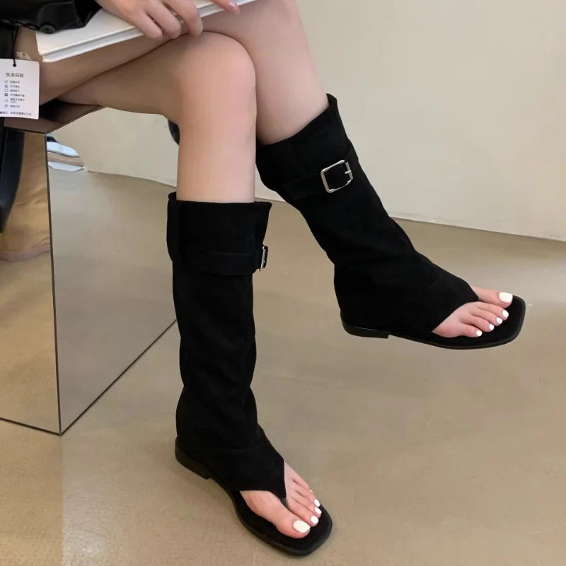 Women Sexy Black Suede Ruffled Boots Women 2024 Summer Clip Toe Flat Gladiator Sandals Woman Western Cowboy Boots Sandals Mujer