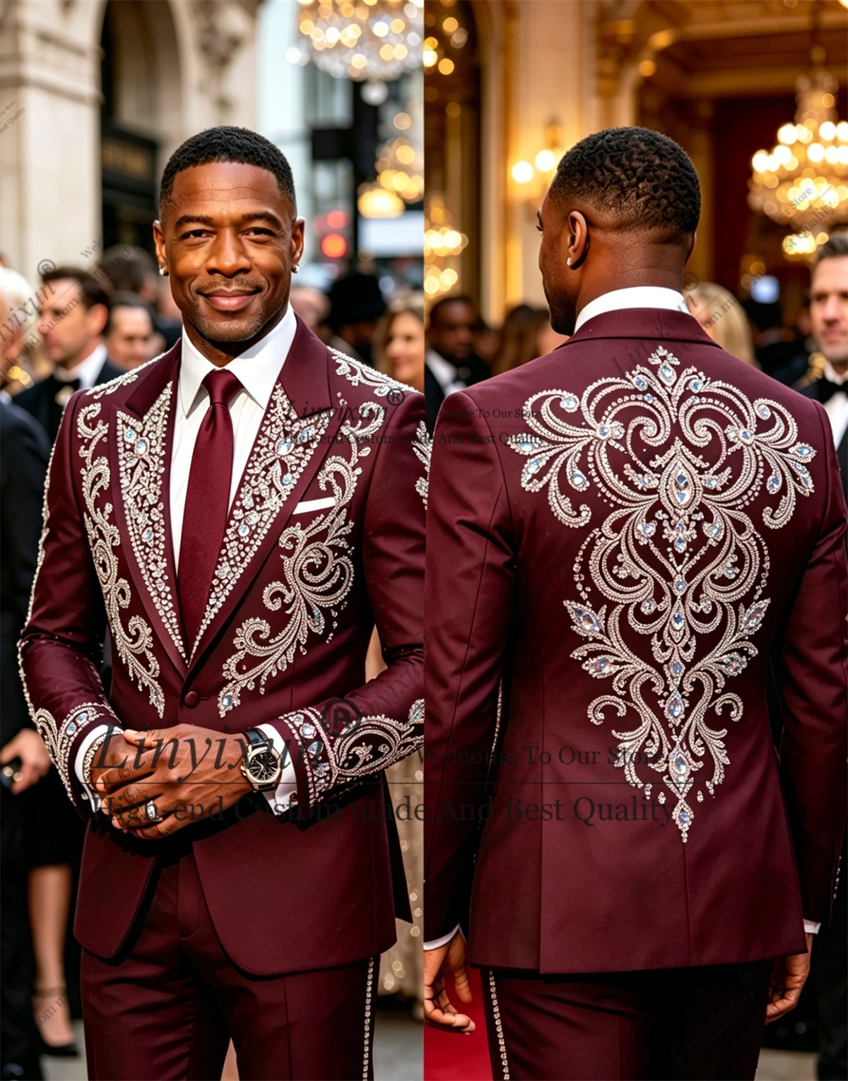 Sparkly Beaded Diamond Men Suits 2 Pieces Wedding Groom Tuxedo Male Prom Blazer Slim Customized Costume Homme jaqueta masculina