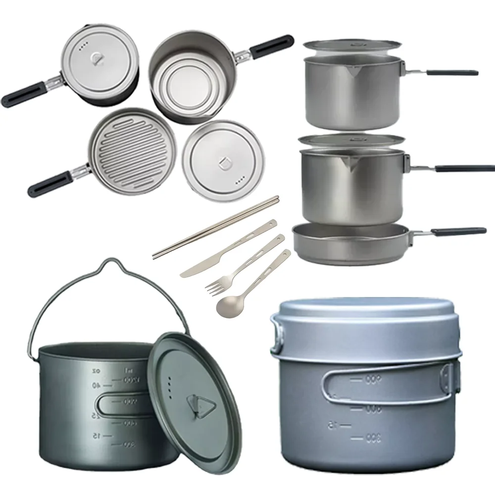 Outdoor Camp Pure Titanium Cook Hanging Pot Pan Outdoor Tableware Titanium Camping Cookware Set