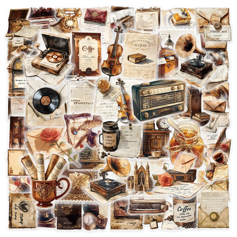 53pcs Vintage Nostalgic Letter Stickers Coffee Musical Instruments Planner Materials Manuscript Stickers for Scrapbooking