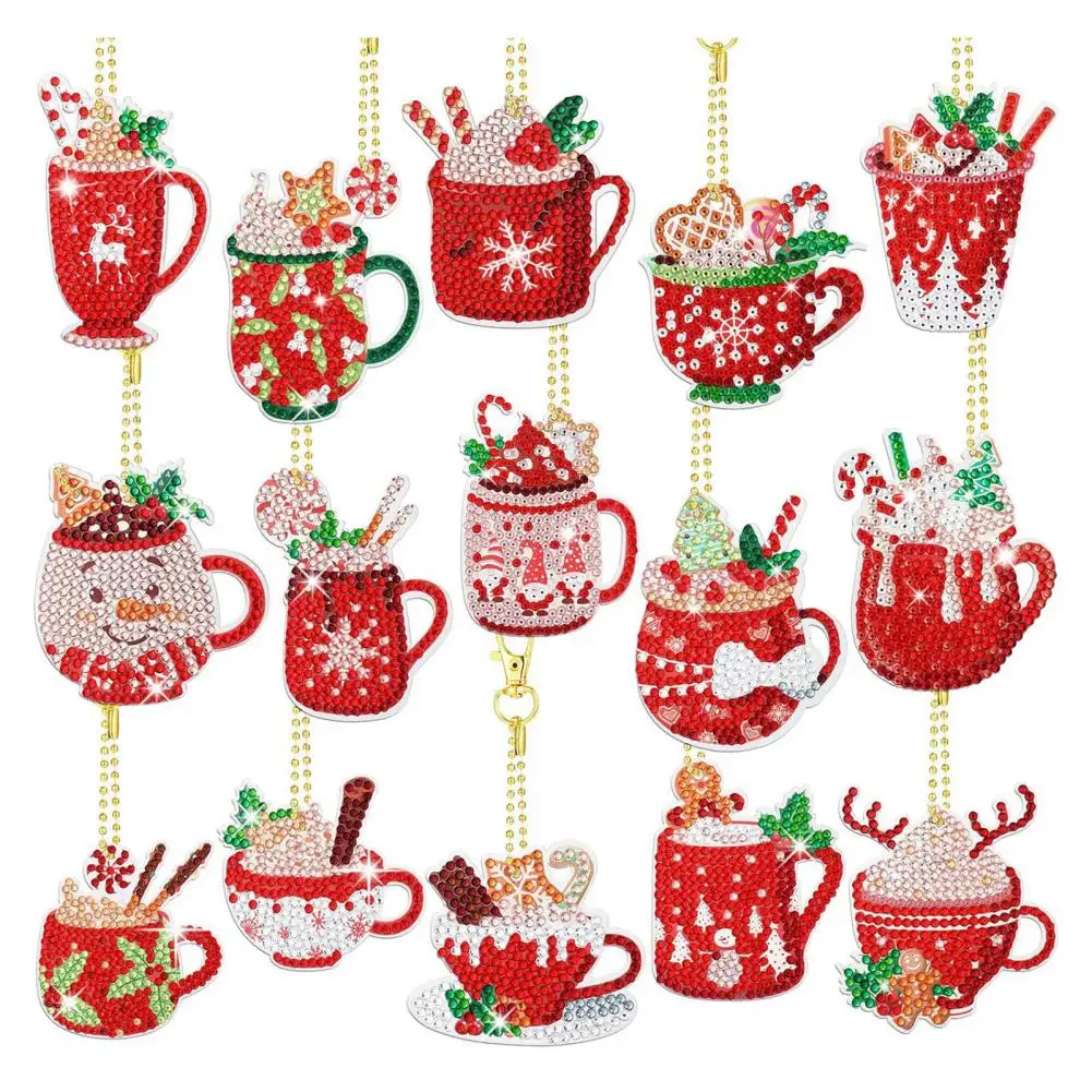 15Pcs Christmas Rhinestone Painting Keychain DIY Painting Ornament Set Hot Cocoa Cow Bird Art Crafts Rhinestone Painting Kit