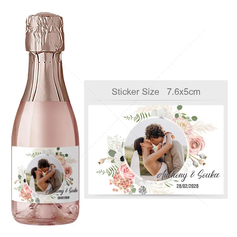 Foto di nozze personalizzate Mini adesivi Champagne battesimo anniversario di compleanno adesivo personalizzato etichette per bottiglie di vino per