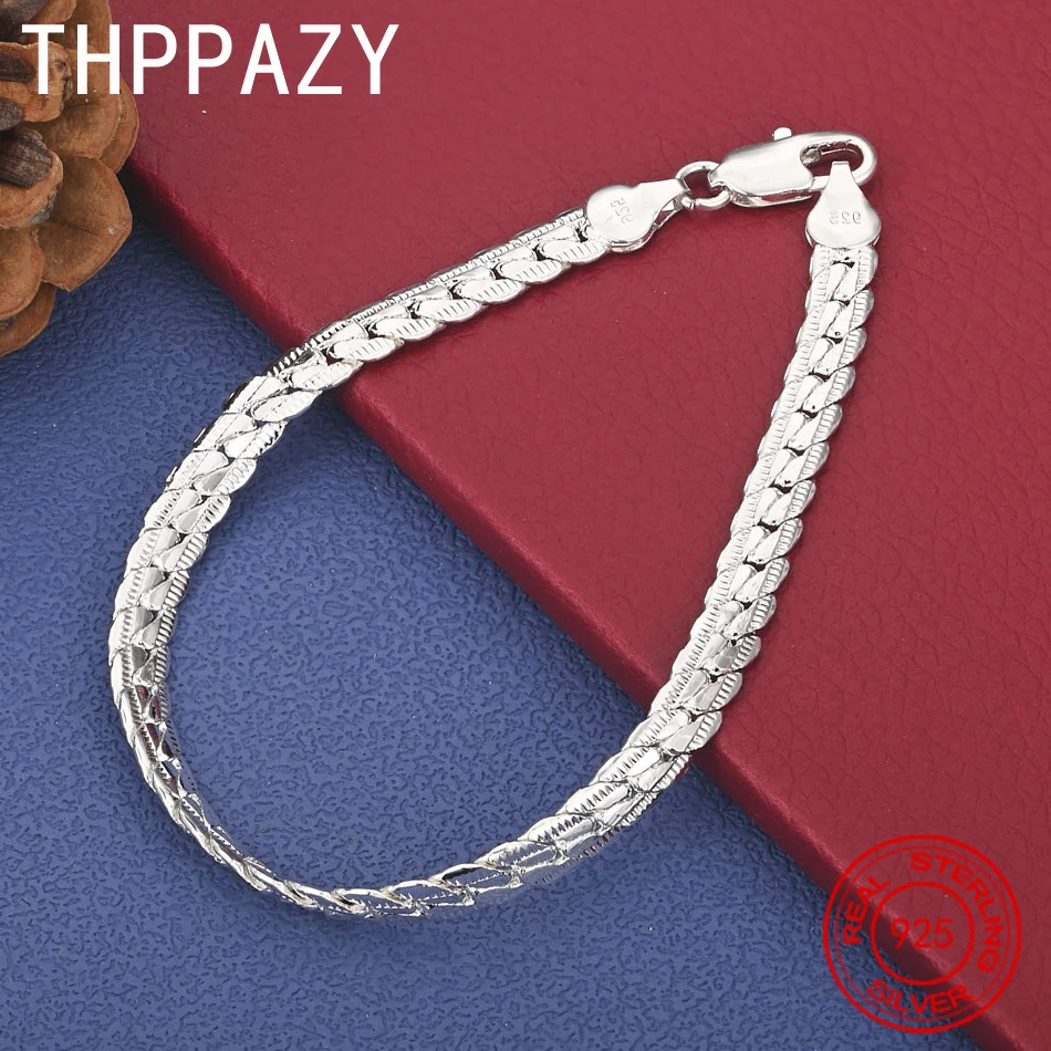 

THPPAZY 6mm 925 Sterling Silver Geometric Side Chain Bracelet 20cm Chain Men Engagement Party Fashion Trend Fine Jewelry Gift