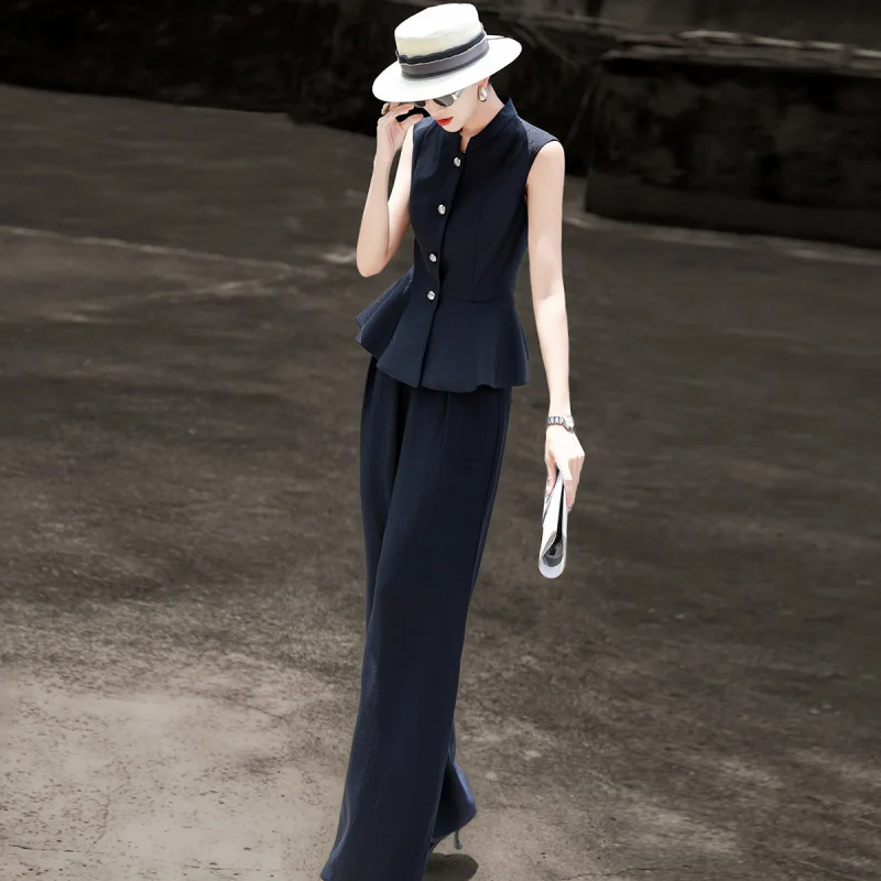 MEXCOCO 2026 Summer New Women Commuter Suit, Sleeveless Fitted Top & Wide Leg Pants Two Piece Set