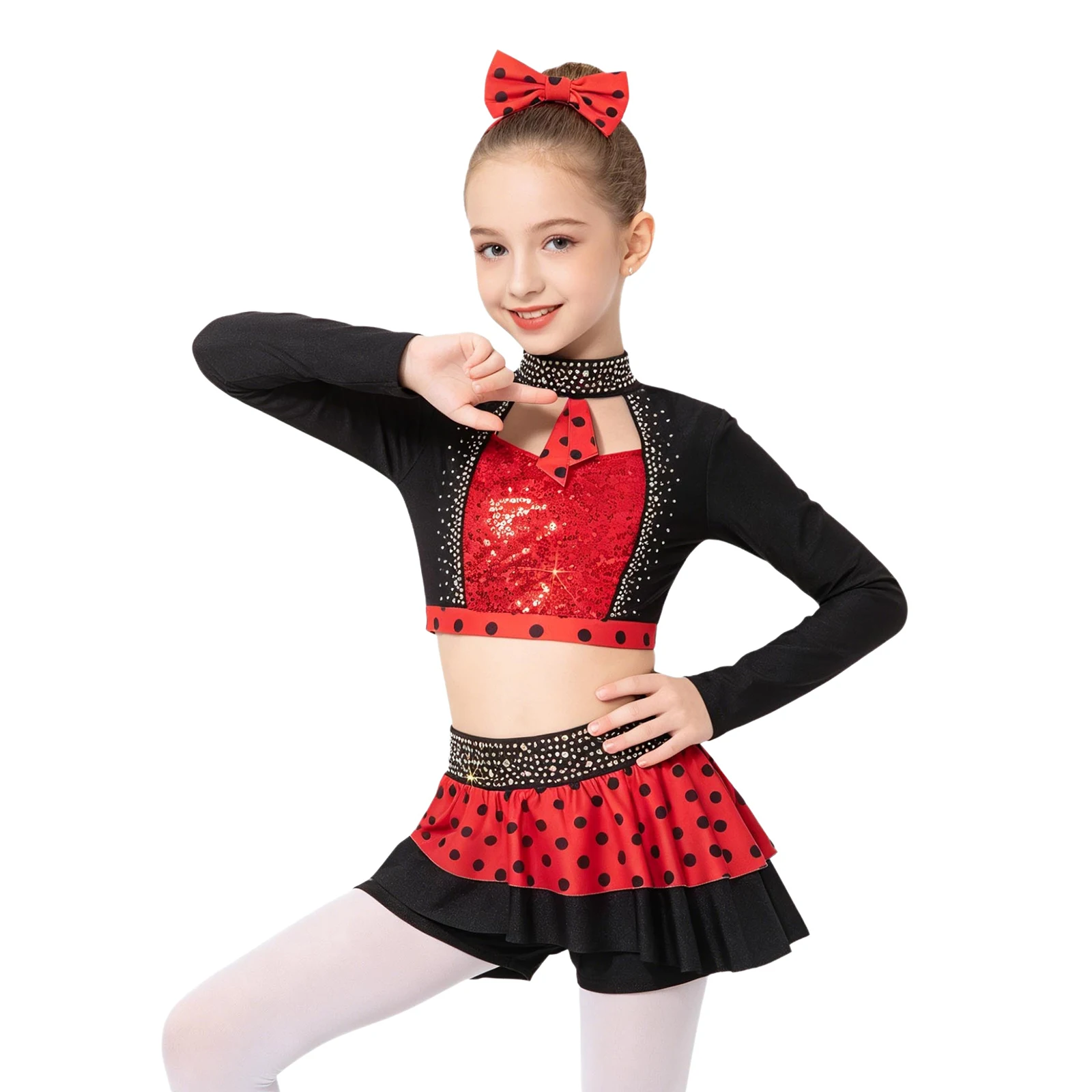 

Kids Girls Sequins Rhinestones Jazz Dance Outfit Cutout Design Long Sleeve Crop Top with Skirted Shorts for Rhythmic Gymnastics