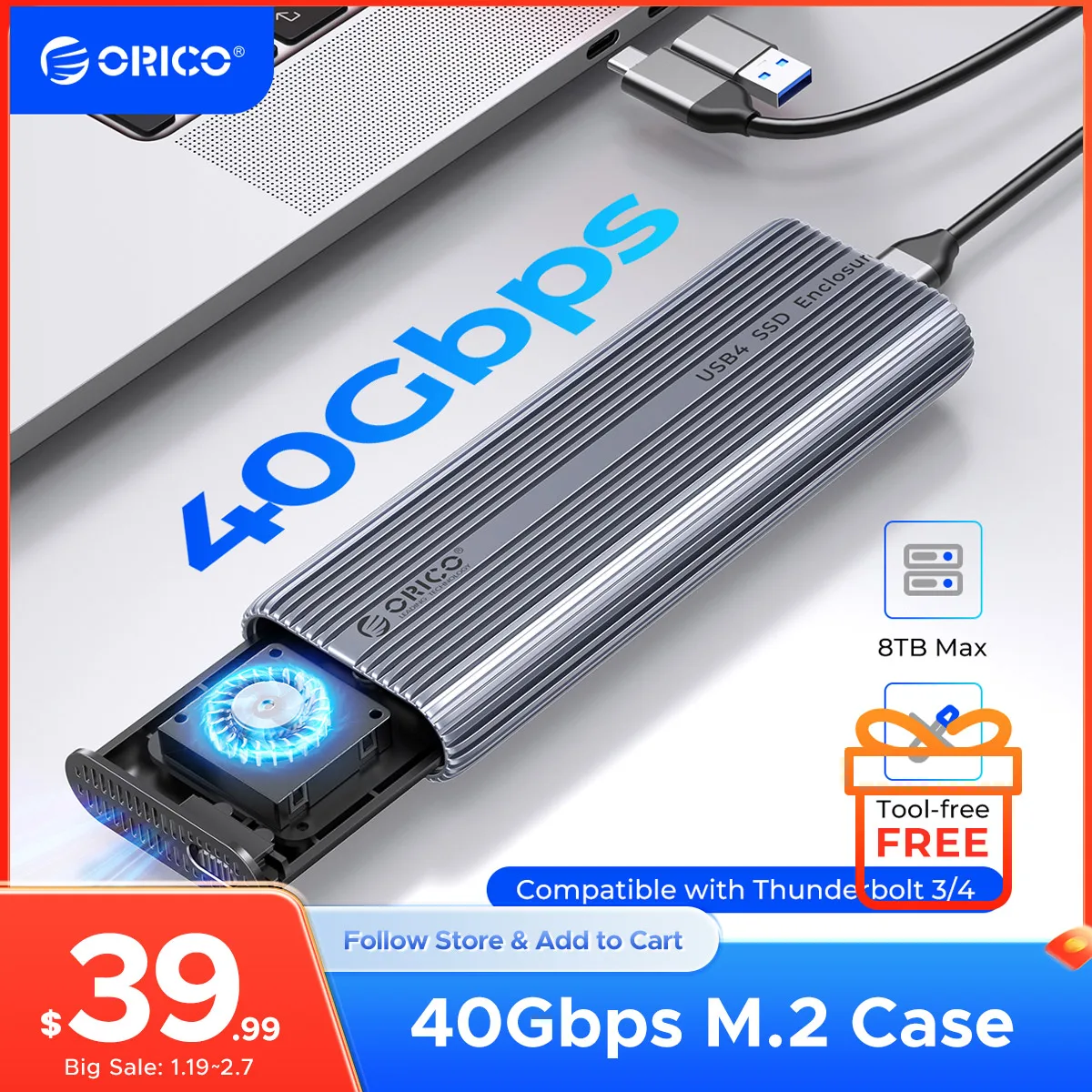 ORICO 40Gbps M.2 NVMe SSD Enclosure with Cooling Fan USB4 PCIe3.0 Aluminum Compatible Thunderbolt 3/4 Tool Free 8TB for Mac