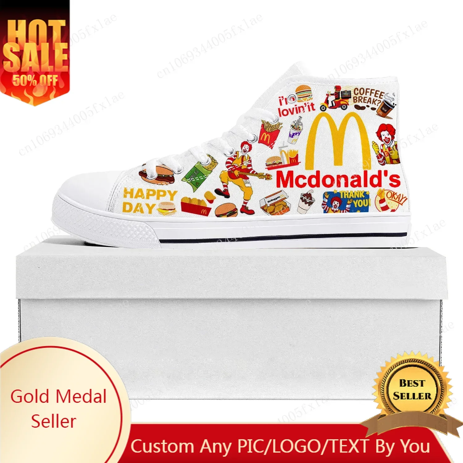 M-Mc-Donalds Druck High Top Hochwertige Sneakers Herren Damen Teenager Canvas Sneaker Casual Maßgeschneiderte Schuhe Anpassen des Schuhs