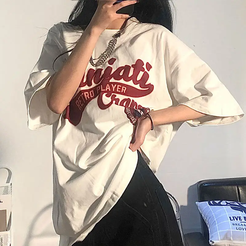 Women's Vintage White T Shirt Short Sleeve Harajuku Tees Streetwear Korean Top Oversized Loose Y2k Summer Fashion